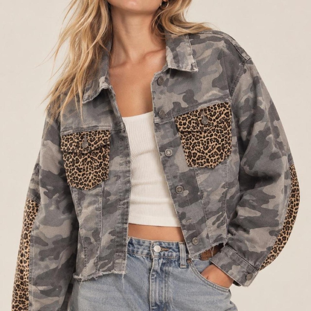 Glitzy Girlz Camo Leopard Print Denim Jacket Grey Camouflage Cropped 2X